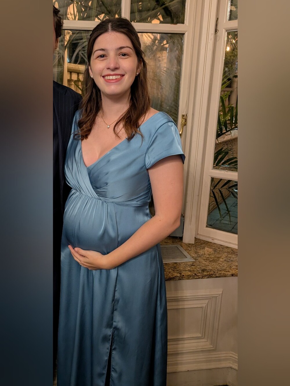 Azazie Satin V-Neck Maternity Dress in Steel Blue